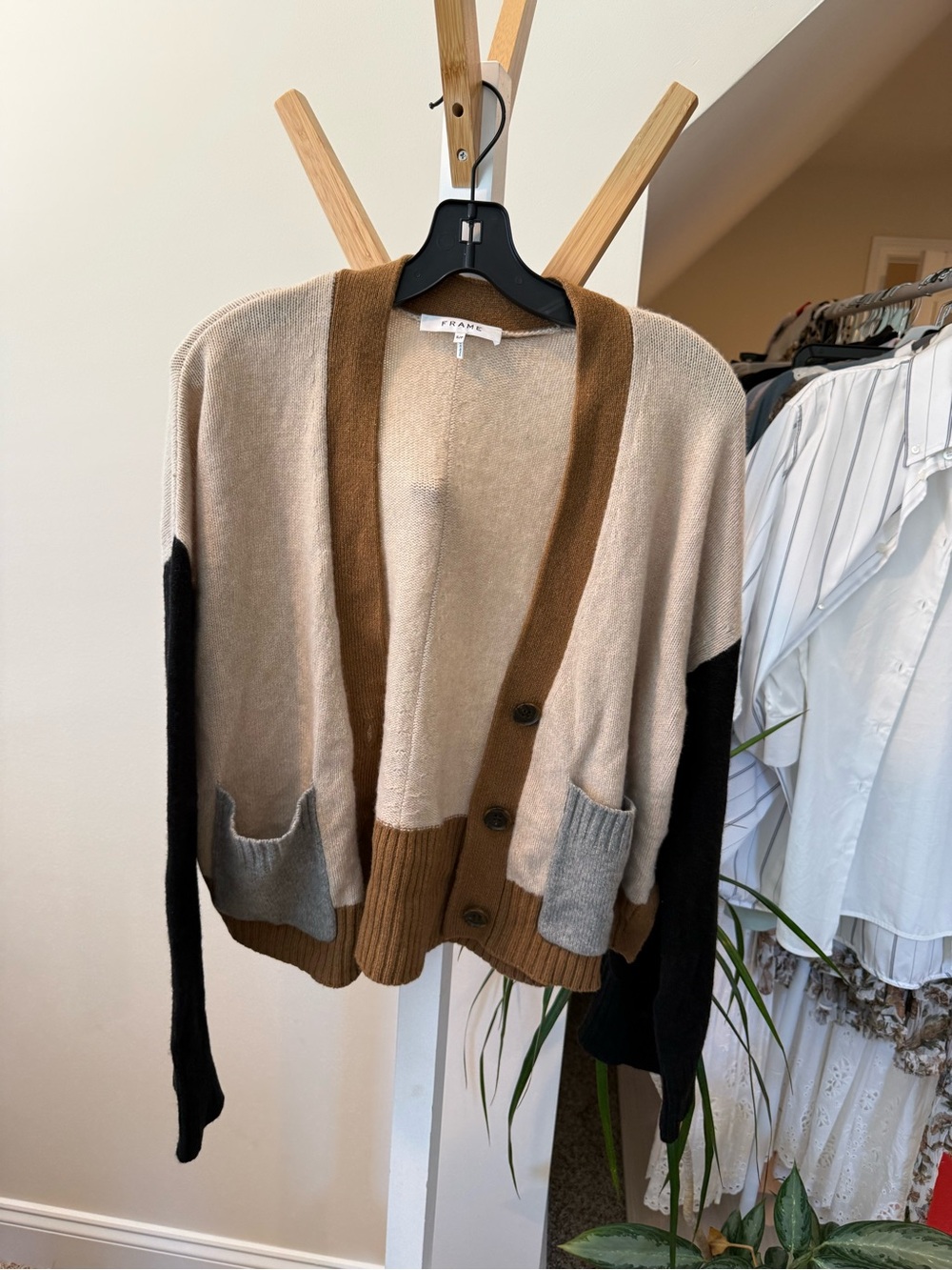 Frame Denim Colorblock Open Cardigan Sweater - Beige, Brown, Black, Gray